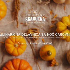 Ležeče vabilo na bučno kulinarično delavnico za noč čarovnic v Klubu gurmanov Skaručna z majhnimi okrasnimi bučami