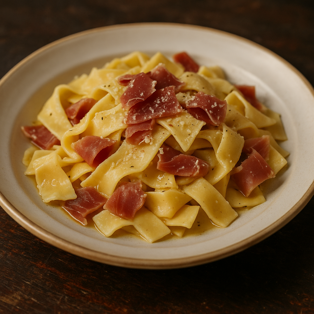 Domači bleki s pršutom postreženi na krožniku na rustikalni površini.