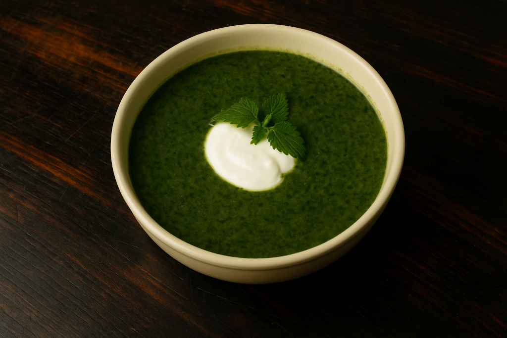 Koprivna juha v globokem krožniku na leseni podlagi, okrašena s kislo smetano in svežimi listi kopriv