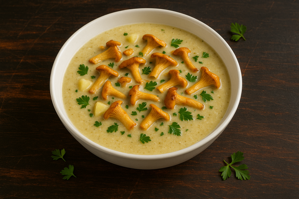 Lisičkina juha s krompirjem v globokem krožniku na stari leseni podlagi, okrašena s svežimi lisičkami in peteršiljem