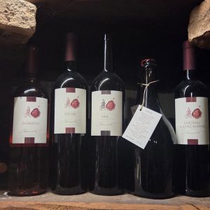 Vinska klet Skaručna – steklenice vina Refošk, Sladki Refošk, Symphony in Hill v lesenem regalu vinarja Tomaž Sartori