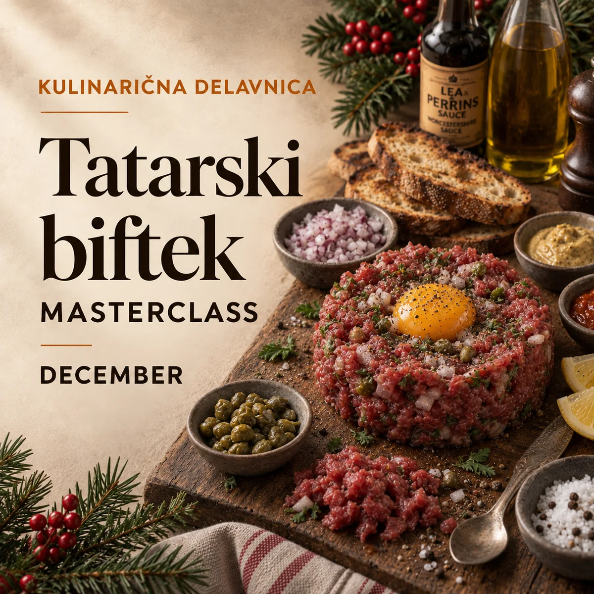 Kulinarična delavnica Tatarski biftek Masterclass – priprava tatarskega biftka, začimbe in hrustljav toast