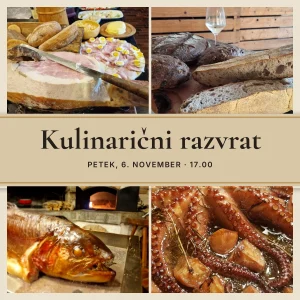 Kolaž jedi s team buildinga Kulinarični razvrat v Klubu gurmanov Skaručna: domača šunka z ražnja s hladnimi predjedmi, kruh iz krušne peči, prekajena postrv in hobotnica s krompirjem, z napisom delavnice in datumom 6. november