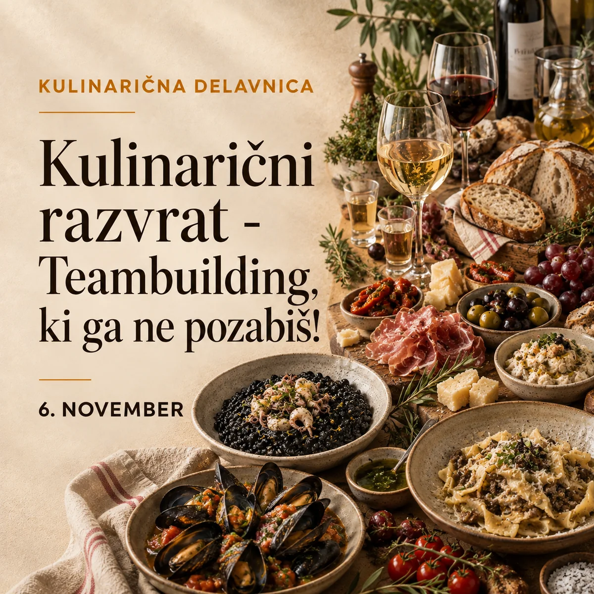 Kulinarični teambuilding v Klubu Gurmanov Skaručna z različnimi jedmi, vinom in skupnim kulinaričnim doživetjem