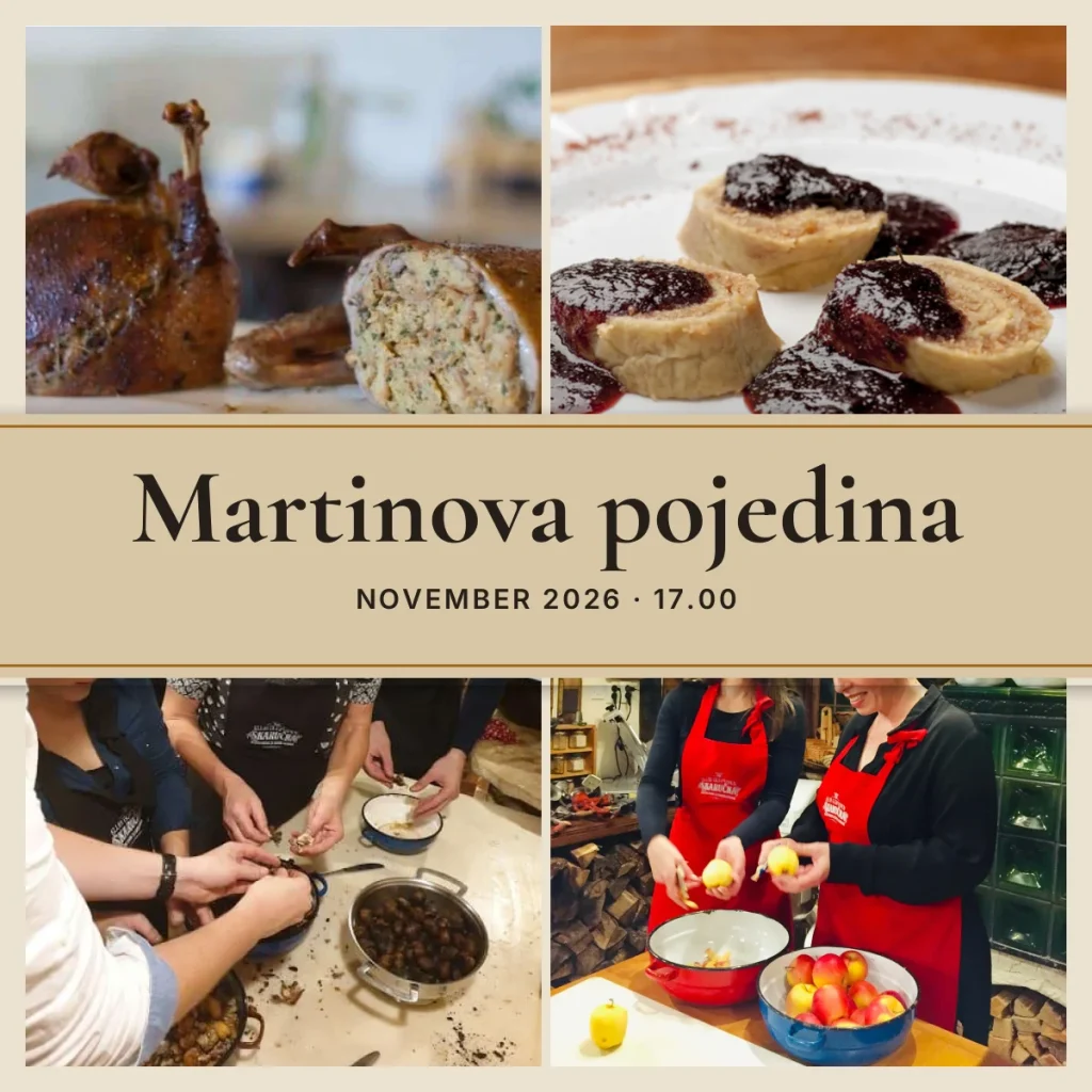 Kolaž s kulinarične delavnice Martinova pojedina v Klubu gurmanov Skaručna: pečena nadevana raca, krompirjevi štruklji, lupljenje kostanja in priprava jabolk – november 2026