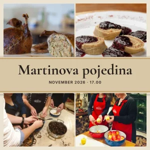 Kolaž s kulinarične delavnice Martinova pojedina v Klubu gurmanov Skaručna: pečena nadevana raca, krompirjevi štruklji, lupljenje kostanja in priprava jabolk – november 2026